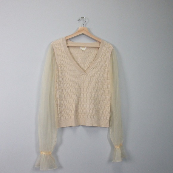 Maeve Anthropologie Sweater Women L Beige Texture Sheer Sleeve Knit Fairy 274 - Picture 1 of 7